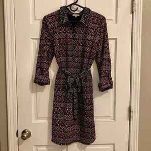 Lace & Mesh Geometric Navy Red Belted Shirt Dress